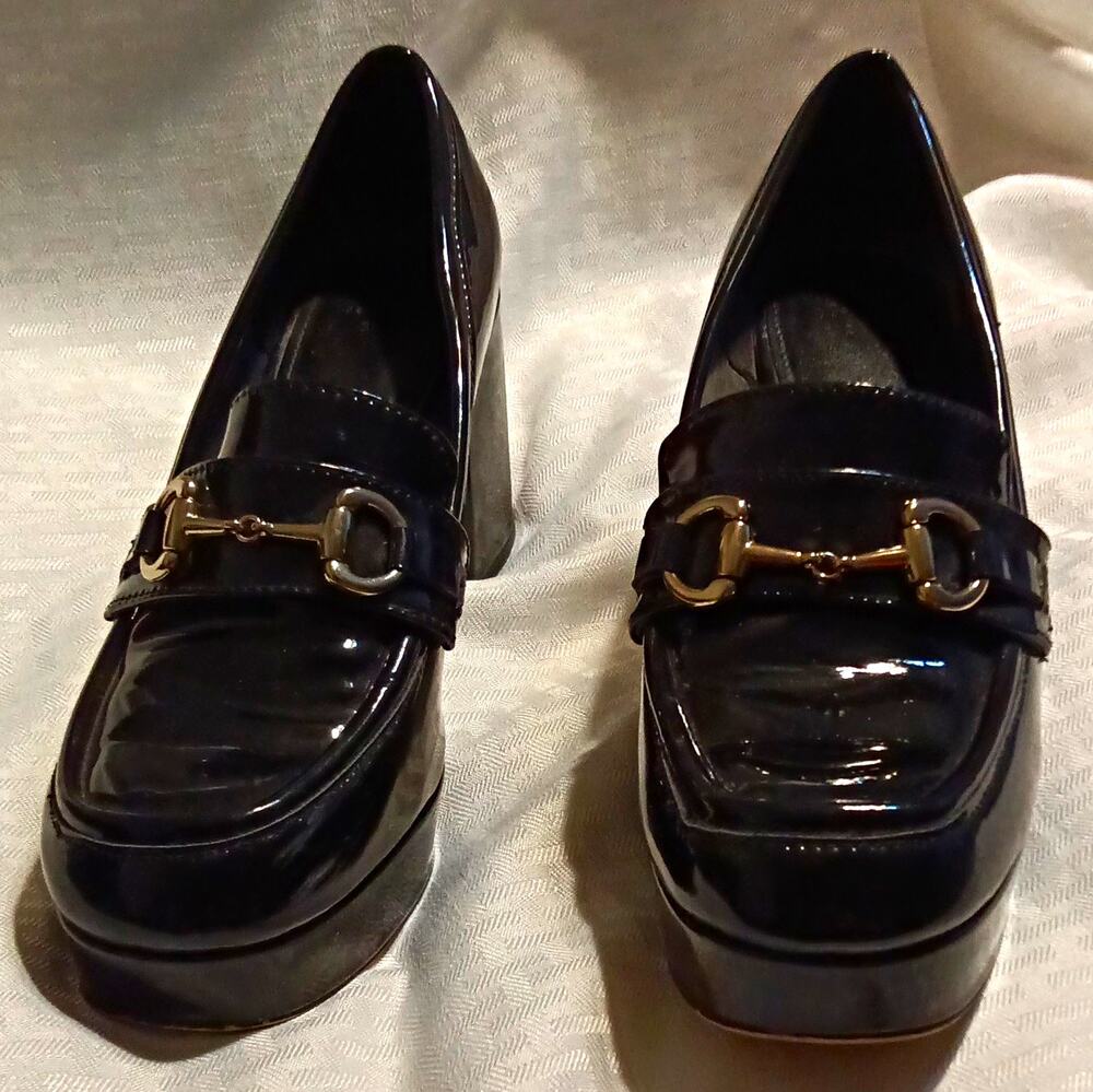 H&M Women's Black Patent Leather Platform Heel Buckle Slip On 7.5 Size 7.5